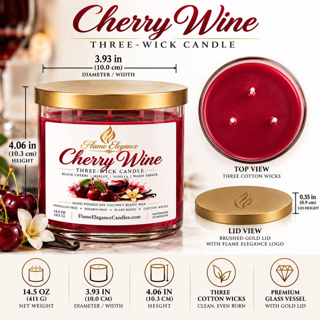 an advertisement of cherry wine 3 wick candle by Flame Elegance saying 14.5 ounces, thee cotton wicks, and premium glass vessel. Candle has a gold lid on top and says 4.06 inches tall. 