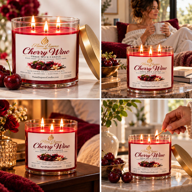 a collage of cherry wine 3 wick soy candle by Flame Elegance. 4 pictures in collage. 