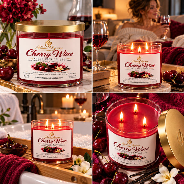 collage of cherry wine 3 wick candle by Flame Elegance. 