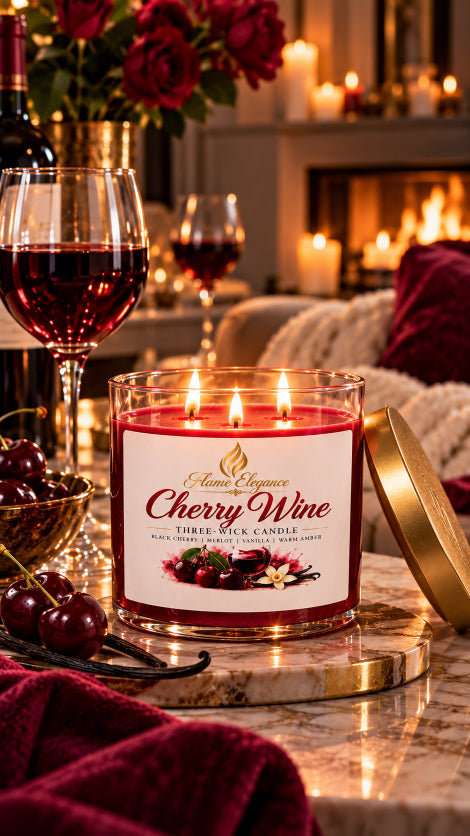 cherry wine 3 wick candle lit sitting on table with a glass of red wine next to it and couch and fireplace in background with fire going in fireplace. 