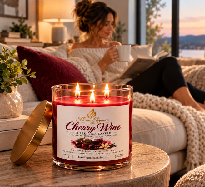 Cherry wine 3 wick soy candle by Flame Elegance lit and sitting on a table. Behind the candle is a couch with a lady sitting on it holding a coffee mug. 