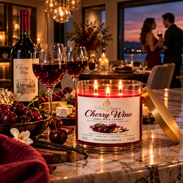 cherry wine 3 cotton wick candle by Flame Elegance lit on table next to bottle of red wine and wine glass with red wine in it. Behind table is a man and a woman holding a wine glass looking out a window. They appear to be in a restaurant. 