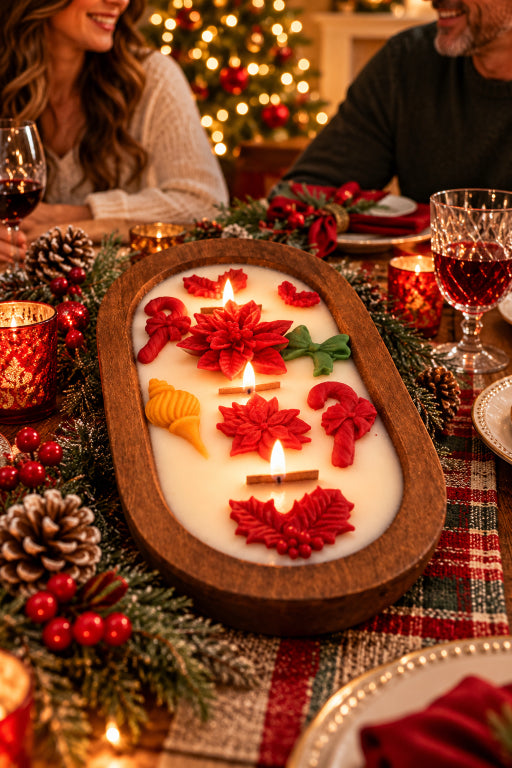 A festive oval wood dough bowl filled with white wax and decorated with red holiday motifs, including poinsettias, candy canes, a yellow bell, and green leaves, set on a decorated Christmas table with candles and people in the background. 3 wood wicks by flame elegance.
