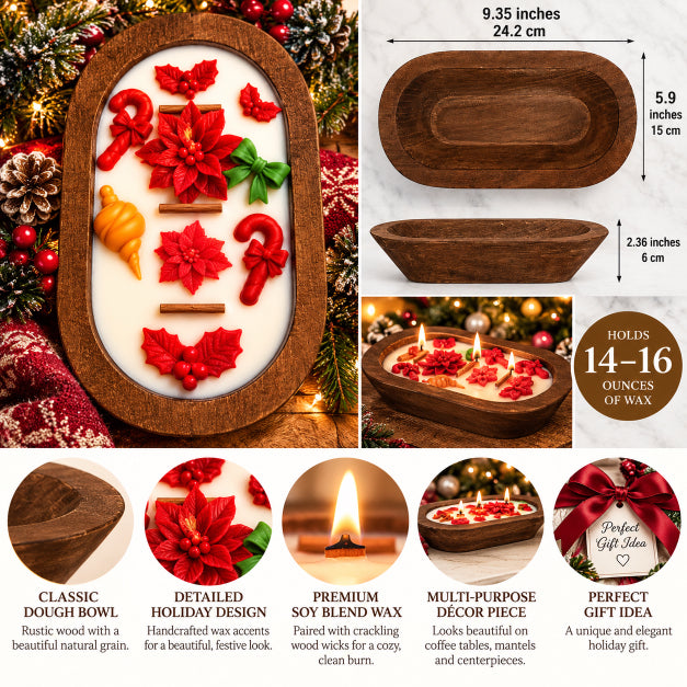A wooden oval dough bowl 3 wood wick candle   filled with decorative holiday wax flowers, shown on a festive Christmas background alongside size measurements, multiple views of the empty bowl, and feature callouts by Flame Elegance