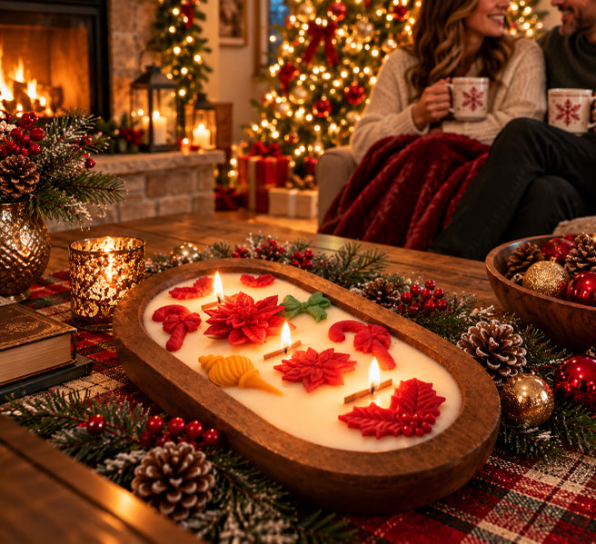 A festive oval wood dough bowl filled with white wax and decorated with red, yellow, and green holiday motifs, set on a decorated Christmas table with a blurred cozy living room background.