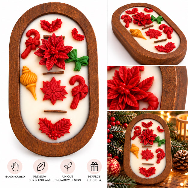 A decorative oval hand-poured soy wax candle with a wooden frame, featuring red poinsettias, candy canes, green holly, and a yellow snowman on an off-white background. The image includes a main product view, close-up detail views, and a festive styled scene with holiday decorations, along with text badges describing the product features.