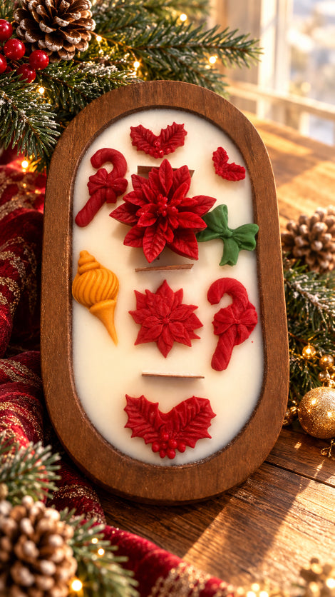 Soy candle named Christmas Morning Poinsettia by Flame Elegance. 3 Wood wicks. 