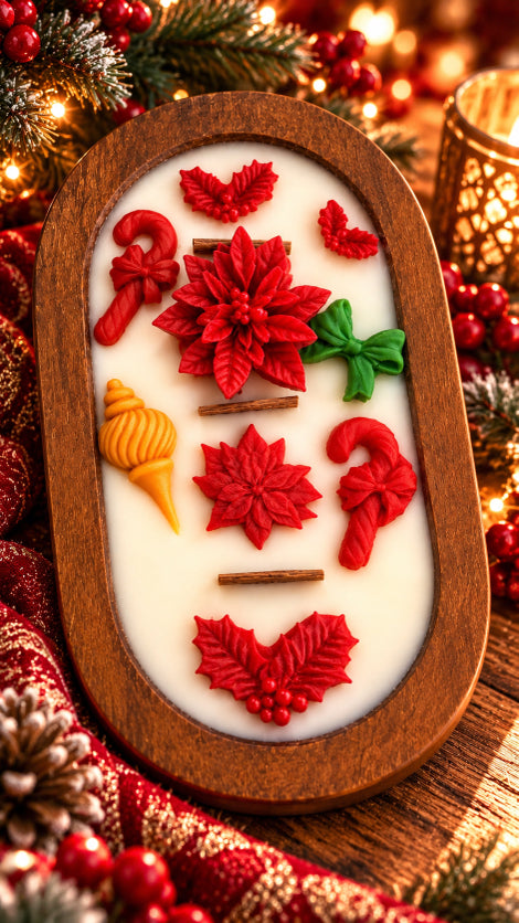 A rectangular wood dough bowl candle three wood wicks  with rounded corners holding a white wax melt or soap block decorated with red and green Christmas motifs, including candy canes, poinsettias, holly leaves, and a yellow ornament, surrounded by festive holiday decorations by Flame Elegance