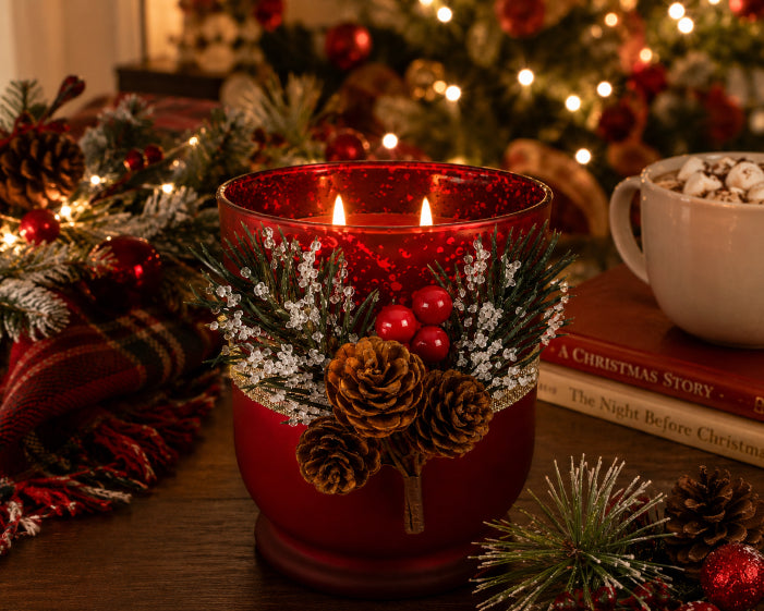 Decorative Crimson Noel Holiday candle with Christmas elements on a table with a blurred festive background by Flame Elegance.