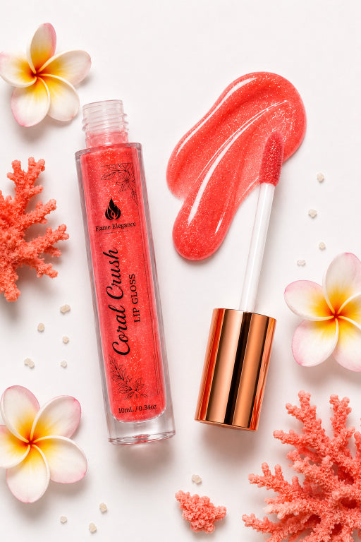 Coral Crush Lip Gloss by Flame Elegance  in a clear tube with a metallic rose gold cap, shown next to a smear of the coral-pink gloss and its applicator wand, styled with white and pink plumeria flowers and orange coral on a white background.