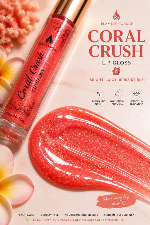 A tube of coral-red lip gloss labeled 'Flame Elegance Coral Crush Lip Gloss' is shown on a light pink background with a glossy coral smear and decorative flowers. Large text reads 'Coral Crush Lip Gloss' with marketing copy and feature icons.