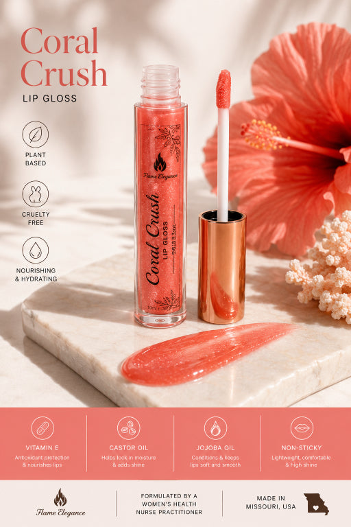 Coral Crush Lip Gloss by Flame Elegance in a coral pink shade, shown in a clear tube with the applicator wand and cap beside it on a marble slab, with a coral hibiscus flower in the background and feature icons on the left.
