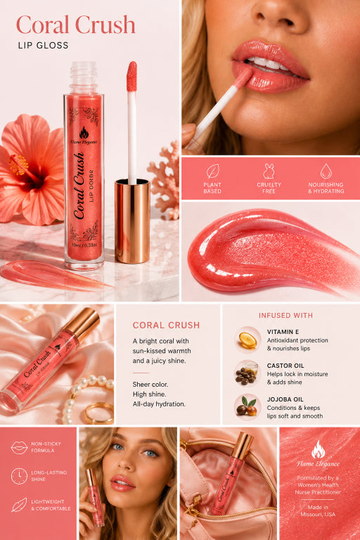 Coral Crush lip gloss by Made in Missouri, shown in a multi-panel infographic featuring the product tube, cap, liquid gloss, a glossy swatch, ingredients, and lifestyle photos of a model wearing the gloss by Flame Elegance.