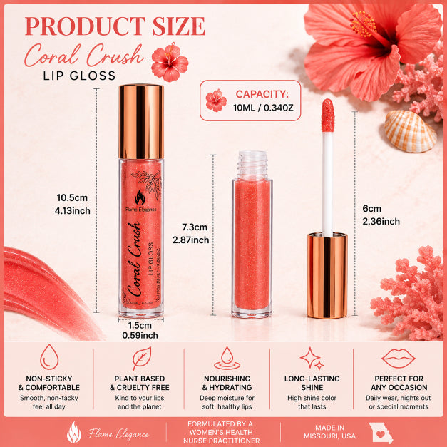 Product size infographic for Coral Crush Lip Gloss by Flame Elegance, showing the tube, open bottle, and applicator with dimensions, plus coral-themed decorative graphics and feature icons on a pink background.