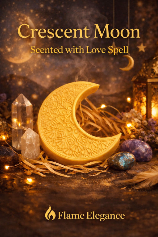 crescent moon shaped artistic candle infused with love spell fragrance and dusted with gold mica powder by Flame Elegance. Crystals in the background of the image. 