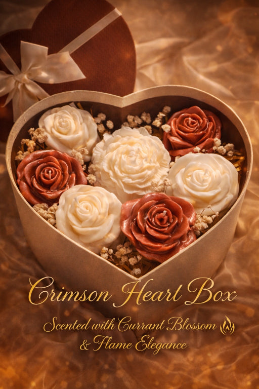 Luxury Crimson Roses and Peony centerpiece in elegant heart shaped box by Flame Elegance and scented with floral currant blossom. Artisan and sculpted wax  roses and peony centerpiece candles