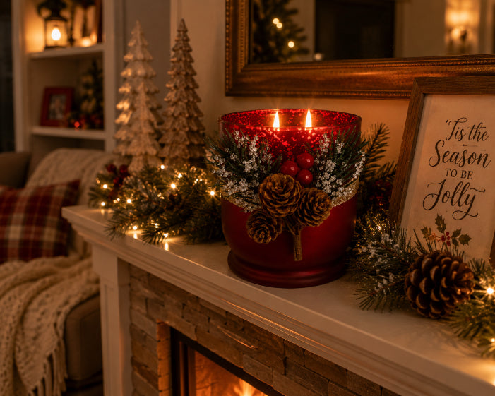 Decorative Crimson Noel candle  in a holder with pinecones and lights on a mantelpiece with Christmas decorations by Flame Elegance.