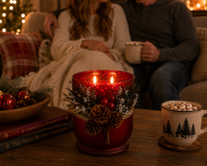 Cozy indoor scene with a couple sitting on a couch, a lit Crimson Noel candle in a decorative holder, and a mug of hot chocolate by Flame Elegance.