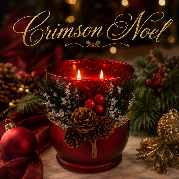 Decorative red candle with Christmas elements on a blurred festive background by Flame Elegance. The candle is called Crimson Noel scented with Sugar Plum. 