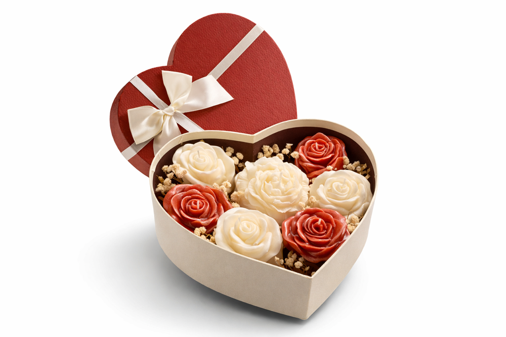 Elegant Heart-shaped box with red and white soy artisan roses on a white background with a peony sculpted soy wax flower in the center. Fragranced with currant blossom. 