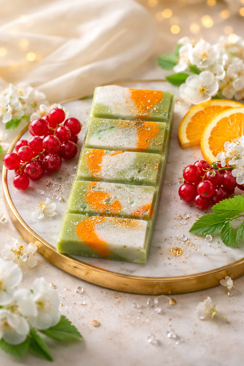 Luxury currant blossom wax melt bar with marbled green, white, and orange wax, finished with mica and subtle gold glitter, floating on a white background in clear clamshell packaging. 