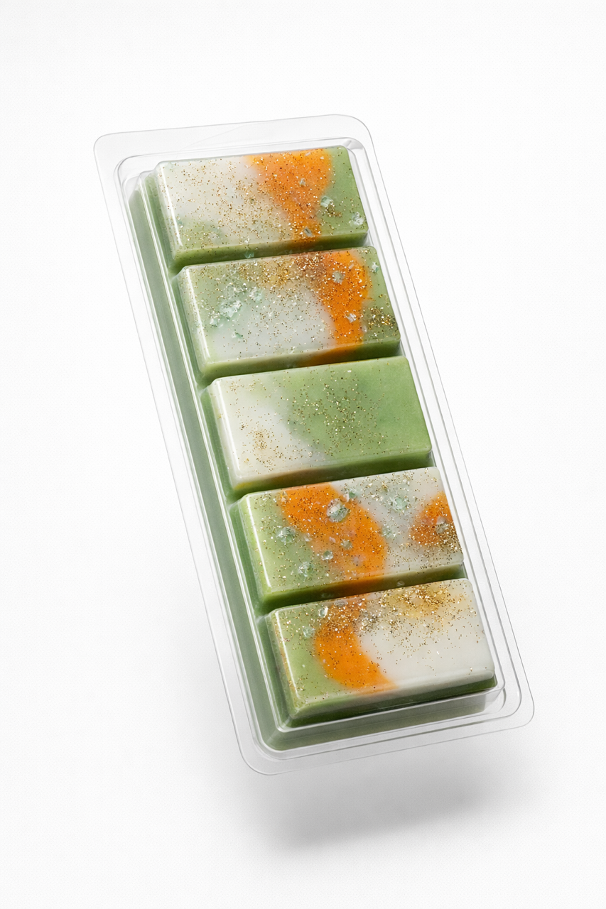 View of Currant Blossom wax melt bar in clear packaging. 