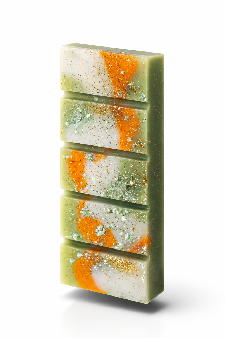 Close up Currant Blossom wax melt showing marbled wax and shimmer. 