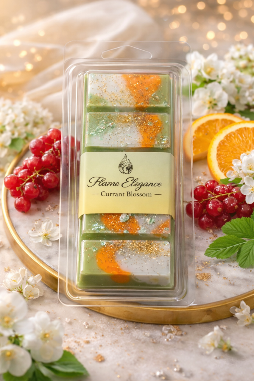 Luxury currant blossom wax melt bar with marbled green, white, and orange soy wax, finished with mica and subtle gold glitter, floating on a white background in clear clamshell packaging. 