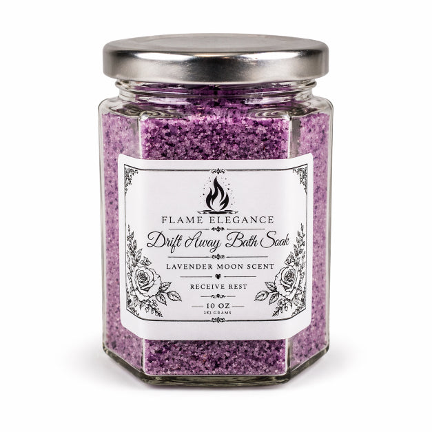 Jar of purple lavender moon bath salts by flame elegance with white background
