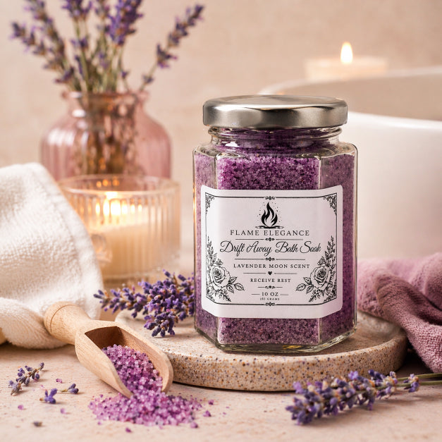 Jar of purple lavender  bath salts with lavender flowers and candles on a wooden surface by flame elegance