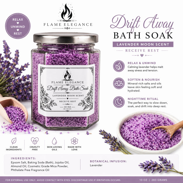 Bath soak product with lavender scent and branding on a white background by Flame Elegance