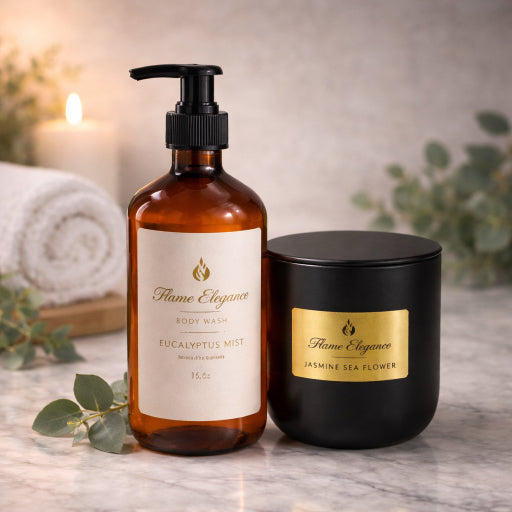 Eucalyptus mist soy wax non-toxic candle and natural body wash by Flame Elegance with spa backgound