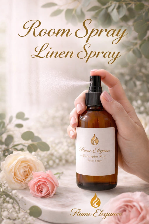 hand holding and spraying Eucalyptus Mist Natural Room & linen spray by Flame Elegance in an amber 2oz glass bottle. 