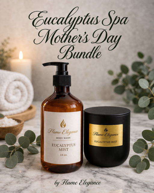 Eucalyptus Spa Mother's Day Bundle with body wash and diffuser on a marble surface.