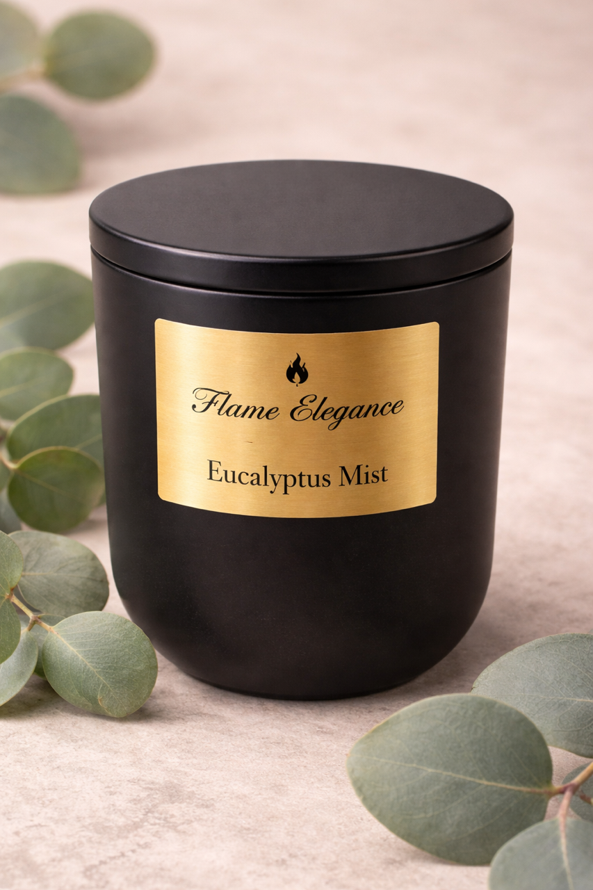 Eucalyptus mist aromatherapy candle with fresh spa-like eucalyptus scent, clean burn soy wax, wood wick, and black ceramic vesel.