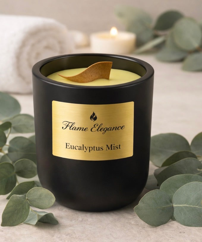 Eucalyptus mist aromatherapy candle with fresh spa-like eucalyptus scent, clean burn soy wax, wood wick, and black ceramic vessel. 