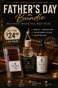 Father's Day gift bundle with Teakwood beard oil, leatherwood dusk aroma diffuser, and leather wax melt on a wooden surface by Flame Elegance. 