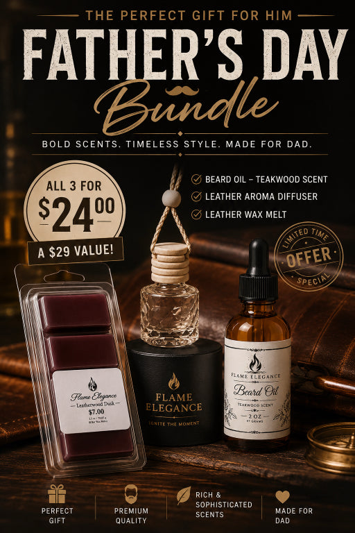 Father's Day gift bundle with Teakwood beard oil, leatherwood dusk aroma diffuser, and leather wax melt on a wooden surface by Flame Elegance. 