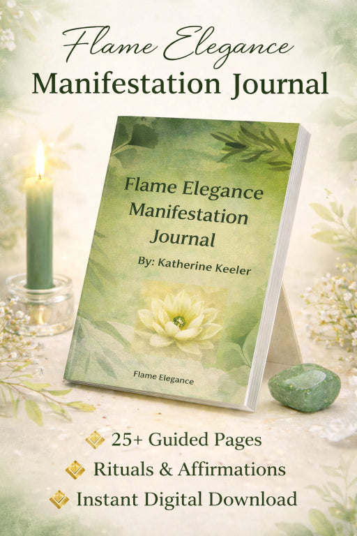 flame elegance digital manifestation journal with a candle lit and a green crystal. 