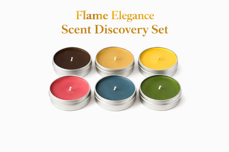 Set of six small candles in metallic tins with 'Flame Elegance Scent Discovery Set' text above.