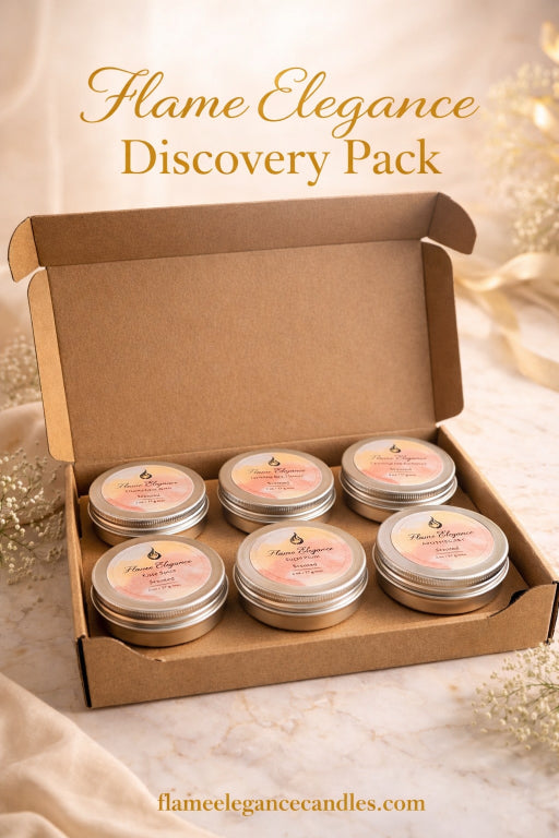 Box of Flame Elegance candles with decorative text and website URL.