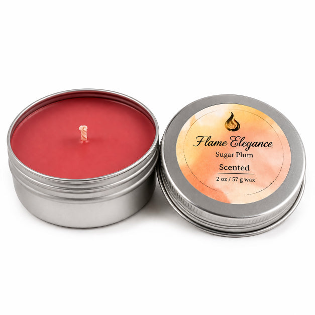 Sugar plum mini candle 2oz tin by Flame Elegance with fuchsia wax and labeled lid on white background