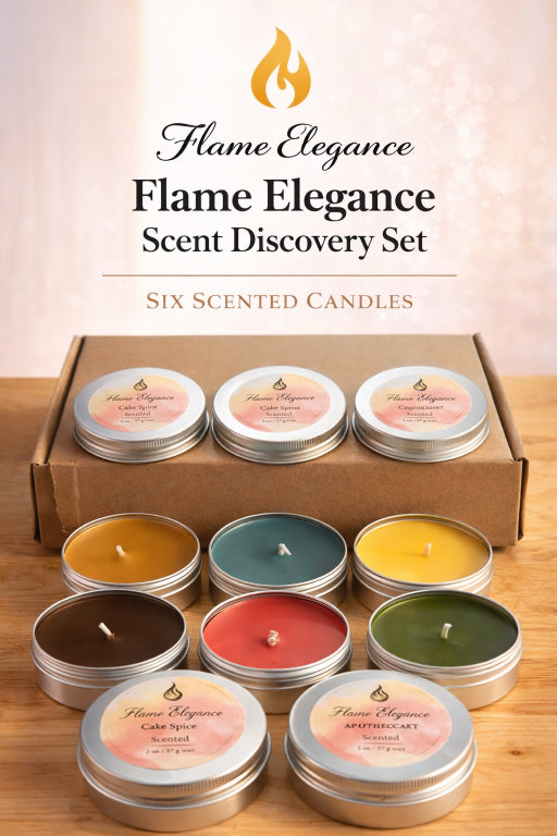 Flame Elegance Scent Discovery Set with six scented candles in tins on a wooden surface.