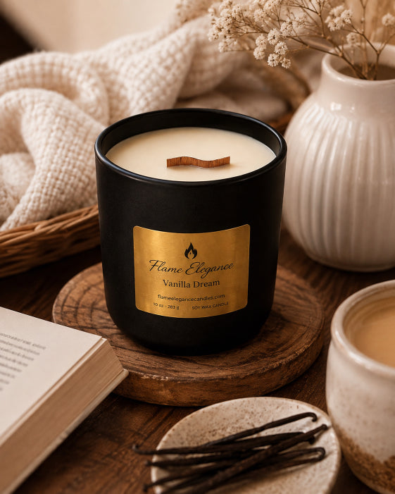 A black scented candle jar with a gold label reading 'Flame Elegance Vanilla Dream' sits on a wooden coaster in a styled tabletop scene with cream knit fabric, dried flowers in a vase, an open book, and vanilla beans.