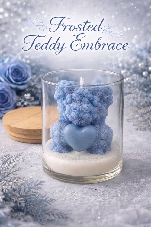 Blue teddy bear candle in a glass container with decorative text on a snowy background