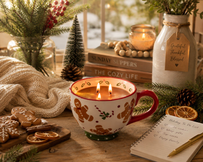Gingerbread hot cocoa soy three wick candle in gingerbread mug by flame elegance with cookie note pad and christmas decorations