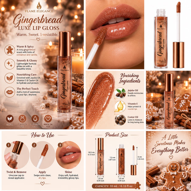 A promotional collage for Flame Elegance Gingerbread Luxe Lip Gloss, showing the lip gloss tube and applicator, a swatch of the warm gingerbread-brown gloss, close-ups of glossy lips wearing the product, ingredient highlights, usage steps, and product size information on a warm beige background with decorative text and icons.