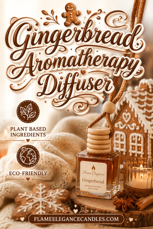 Gingerbread-themed aromatherapy diffuser bottle with a wooden reed diffuser stopper, styled on a wooden surface with a candle, star anise, gingerbread cookies, and cozy knit fabric. Large decorative text reads 'Gingerbread Aromatherapy Diffuser' with smaller badges for plant-based ingredients and eco-friendly by Flame Elegance