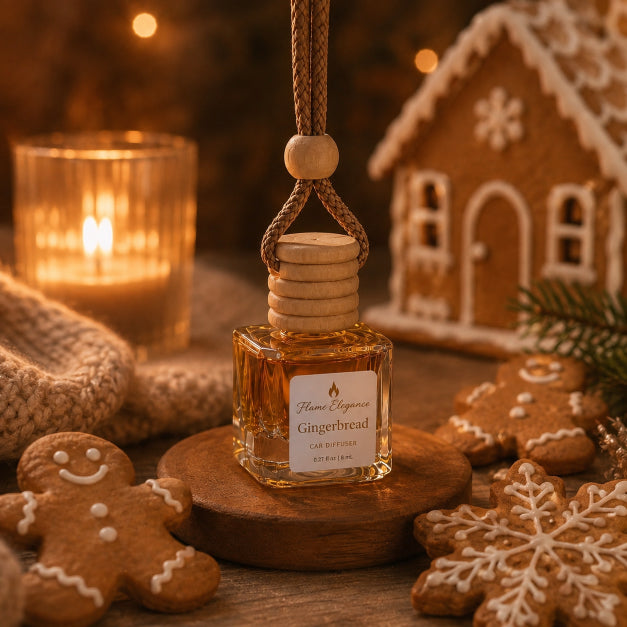 A car diffuser bottle labeled Flame Elegance Gingerbread' with a wooden stopper and hanging loop, styled on a wooden coaster with gingerbread cookies, a candle, and a gingerbread house in a warm holiday setting.