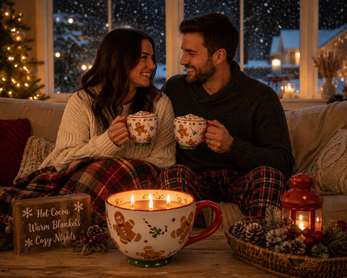A couple sitting together on a couch in a cozy living room, smiling at each other while holding matching gingerbread-themed mugs. A large candle in a gingerbread mug sits on the table in front of them, along with a lantern, pinecones, and a sign reading 'Hot Cocoa Warm Blankets Cozy Nights by Flame Elegance.